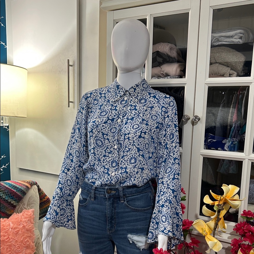 Michael Kors Blue and White Paisley Button-Front Blouse